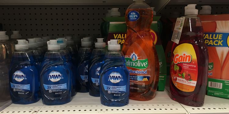 Photo of dishwashing liquid bottles on shelf