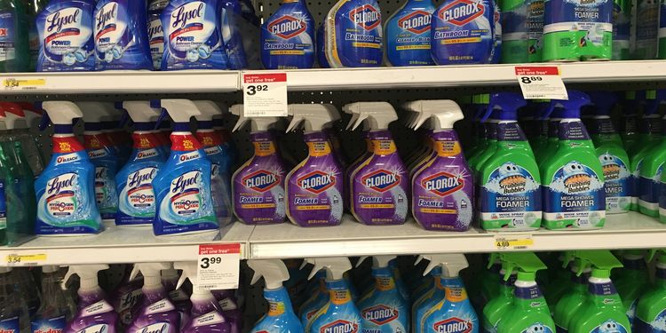 Photo of household cleaners bottles on shelf