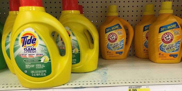 Photo of laundry detergent bottles on shelf