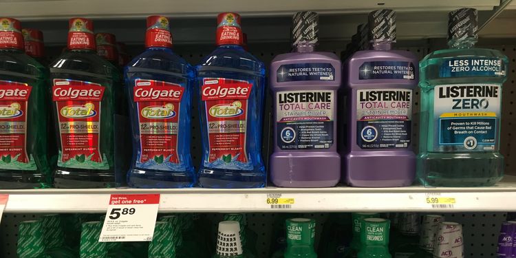 Photo of mouthwash bottles on shelf