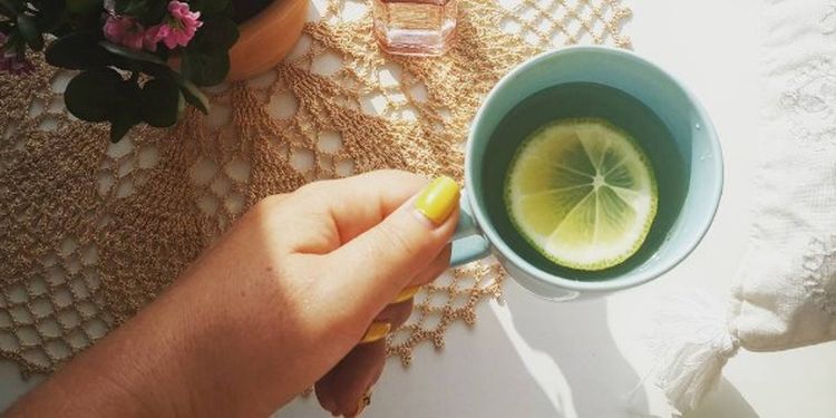 Image of the hand holding a cup of water with lemon