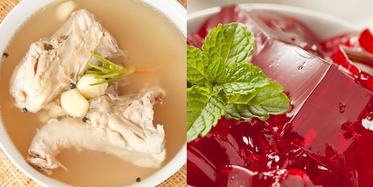 Photo of chicken bone stock soup in bowl / Photo of red gelatin in bowl