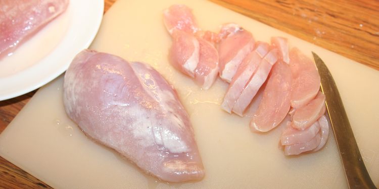 Photo of sliced raw chicken breast 