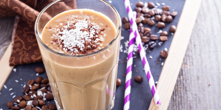 Photo of coconut coffee chocolate smoothie on a chalk board