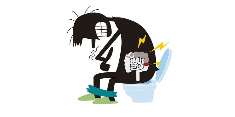 Illustration of constipated man on toilet 