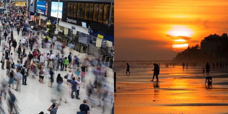 Composite photo of rush hour at the airport and people at the beach in sunset