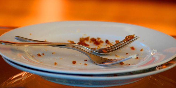 Photo of empty plates with crumbs and forks crossed