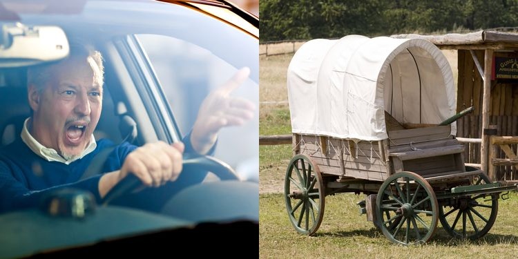 Split photo of impatient angry driver and old horse drawn coach