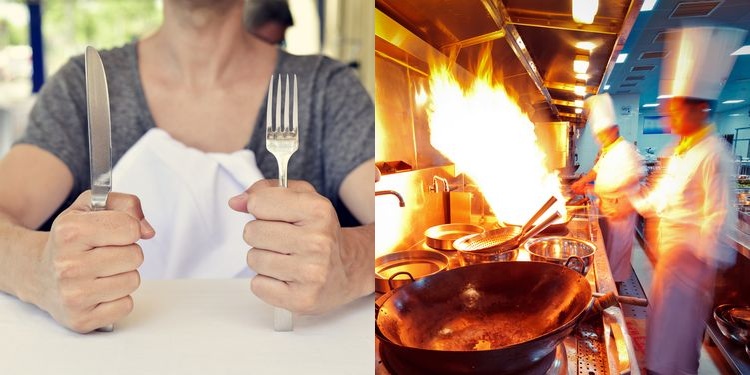 Split photo of inpatient guest at restaurant and busy chefs in kitchen