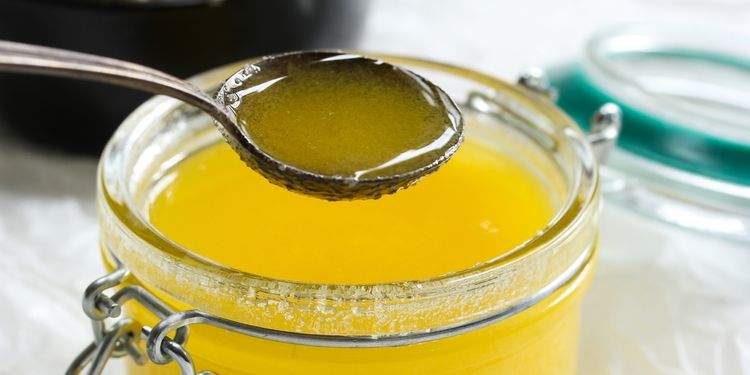 Photo of ghee or clarified butter close up