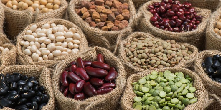 Photo of different legumes in cotton bags