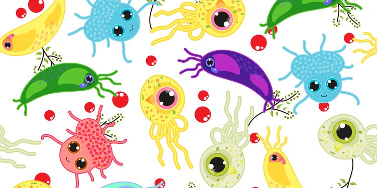 Seamless pattern with cute, funny childish design. Festive cartoon germs