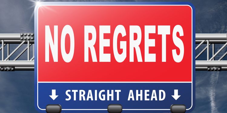 Illustration of highway direction sign saying NO REGRETS and STRAIGHT AHEAD