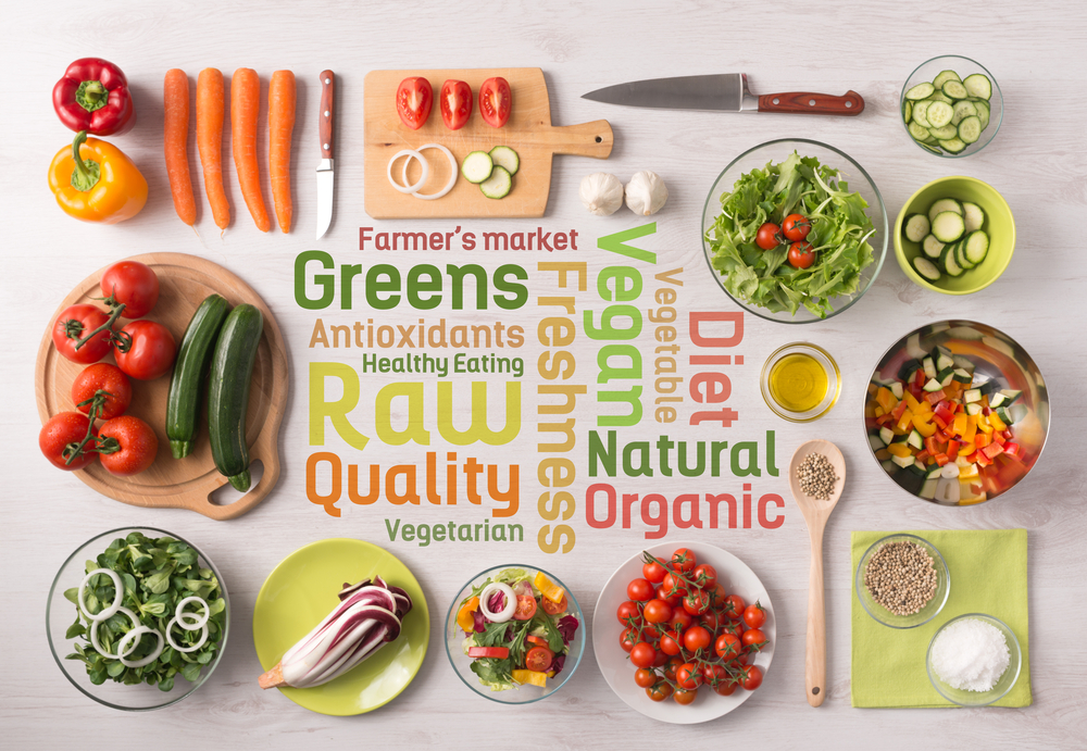 Photo of various raw vegetables sorted in plates on table