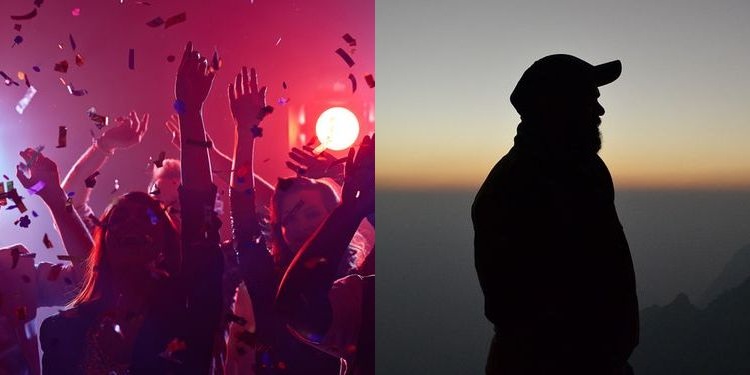 Composite photo of people partying and one man silhouette standing alone in nature