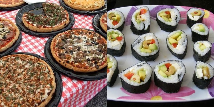 Combined photo of few large pizzas on table and small portions of sushi