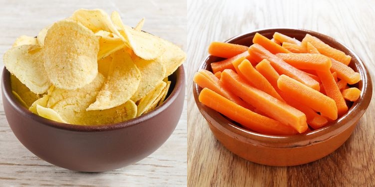 Combinced photo of bowls of potato chips and carrot