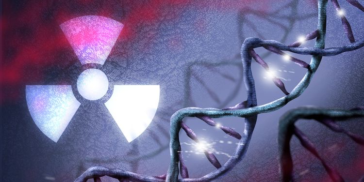 Illustration of radiation damaging DNA chain