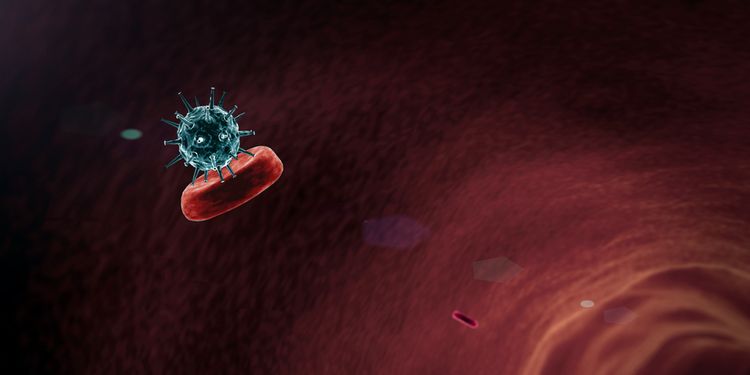 Illustration of a virus particle infecting red blood cell in bloodstream